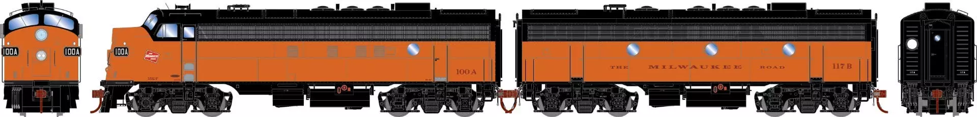 Athearn G19705 HO EMD FP-Unit Series Diesel Locomotive Milwaukee Road #100A/117B With Sound